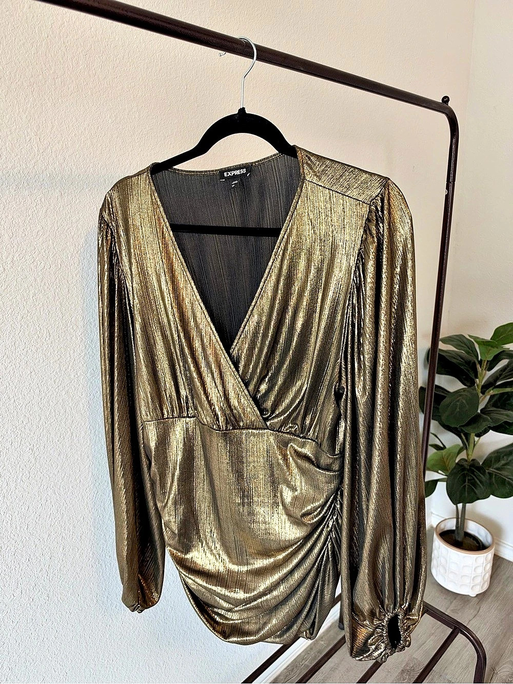 RINASCIMENTO Metallic Ruched Blouse in Gold Like New